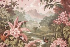 a painting with pink flowers and butterflies on the wall next to a stream in a tropical forest