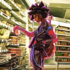 a digital painting of a woman shopping in a grocery store with her hand on her hip