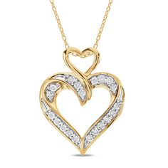 Designed with romance in mind, this sparkling double-heart style captivates. Crafted in sterling silver with warm 14K gold plate, this shimmering look features a twisting diamond-adorned heart outline with a looping polished heart above. Radiant with 1/10 ct. t.w. of diamonds and a brilliant buffed luster, this pendant suspends along an 18.0-inch cable chain that secures with a spring-ring clasp. Yellow Gold Double Heart Jewelry With Diamond Accents, Gold Double Heart Diamond Jewelry, Gold Double Heart Necklace With Diamond Accents, Double Heart Diamond Jewelry For Anniversary, Yellow Gold Heart Necklace With Diamond Accents For Anniversary, Anniversary Yellow Gold Heart Necklace With Diamond Accents, Double Heart Necklace With Diamond Accents For Anniversary, Gold Diamond Heart Necklace For Anniversary, Vday Jewelry