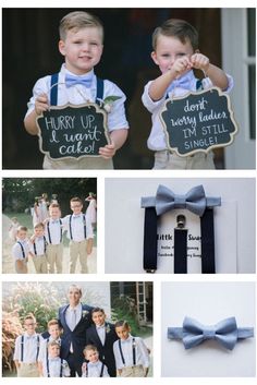 a collage of photos with two young boys and one older boy holding chalkboard signs