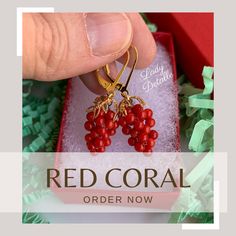 "TINY Red CORAL Grape Earrings, GEORGIAN, Reproduction 18th century Red Coral grape cluster earrings, 16K gold or Silver CORAL Grape Jewelry by Lady Detalle BACK in STOCK!! TINY, GEORGIAN reproduction red, CORAL earrings - grape clusters like this were very popular throughout the centuries, including early examples in the Georgian or Colonial period, and thru the Victorian era. Small clusters of red CORAL beads with your choice of gold or silver leaf design, on high quality, period appropriate l Elegant Coral Drop Earrings, Elegant Red Coral Earrings, Grapes Earrings Gold, Hand-strung Red Coral Jewelry For Gifts, Teardrop Pearl Earrings, Grape Earrings, Coral Earrings, Sparkly Earrings, Coral Beads