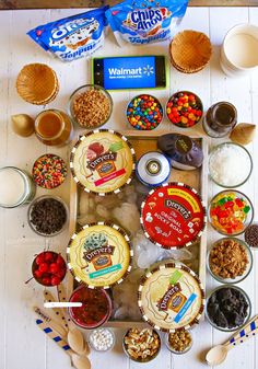 an overhead view of desserts and snacks on a table