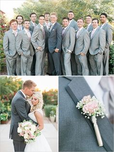 a group of men in suits and ties standing next to each other with flowers on their lapels