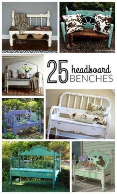 25 headboard benches that are painted in different colors and sizes, with the text overlay reads 25 headboard benches