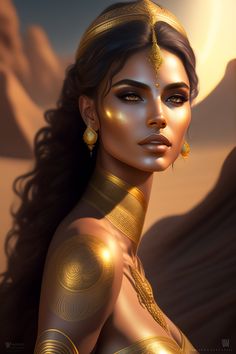 a digital painting of a woman with gold makeup and jewelry on her face, in the desert