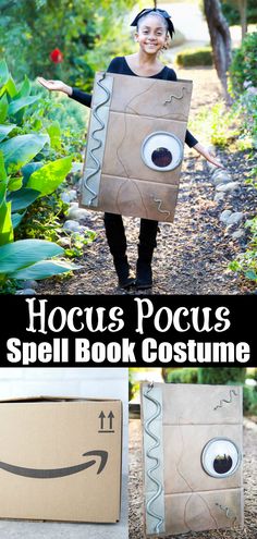 an image of a woman holding a cardboard box with eyes on it and the words hoccus pocus spell book costume