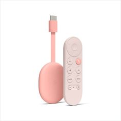 a pink remote control sitting next to an apple tv controller with a cable attached in front of it