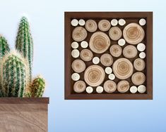 a wooden box with circles in it next to a cacti and succulent