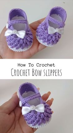 crochet bow slippers with text overlay reading how to crochet crochet bow slippers