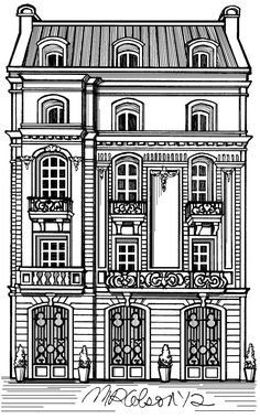 a black and white drawing of a large building with lots of windows on the front