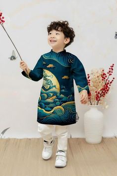 This is a 3D printed boy ao dai in blue color.  TOP ONLY.  Material: Vintek.  NO STRETCH.  Pls take a look at the size chart before placing your order or inbox us if you have any questions bc we DO NOT ACCEPT RETURN or EXCHANGED. Thanks Light Blue Printed Long Sleeve Set, Modern Ao Dai, Lunar New Year, Boy Baby, Lunar New, Orlando Fl, Kids Tops, 3d Printed, Mother’s Day