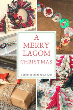 a merry lagom christmas collage with presents and other holiday items on the floor