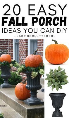 some pumpkins are sitting on the steps and in vases with plants around them