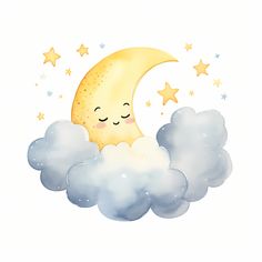 a cartoon moon sleeping in the clouds with stars