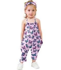 PRICES MAY VARY. Toddler Girl Romper Material: Polyester, this toddler jumpsuit is comfortable, soft, and lightweight, ensuring girls can enjoy their summer fun without restriction Toddler Slouch Jumpsuit Design: This baby girls' romper set comes with a jumpsuit and a matching headband to make your little princess more stylish. Sleeveless, adjustable halter neck design, easier to put on and take off, there are pockets on the left and right sides, making it easier to store some items Fun 3D Print Tiger Butterfly, Jumpsuit Design, Toddler Summer Outfits, Toddler Girl Romper, Toddler Jumpsuit, Flower Tie, Headband Size, Toddler Summer, Summer Playsuit