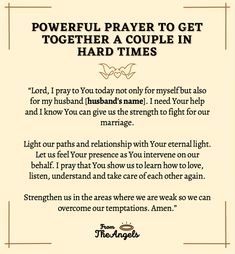 a prayer card with the words, powerful prayer to get together a couple in hard times