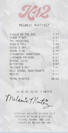 the receipt for meloni's martinis is shown in pink and blue ink