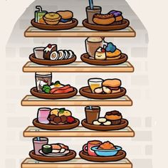 a shelf filled with lots of food on top of wooden shelves next to a wall