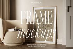 a white chair sitting on top of a hard wood floor next to a framed photograph