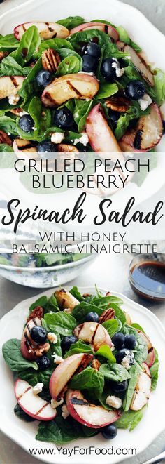 Grilled Peach Blueberry Spinach Salad with Honey Balsamic Vinaigrette - Yay! For Food Blueberry Spinach Salad, Salad Cobb, Dressing Vinaigrette, Salad Macaroni, Honey Balsamic Vinaigrette, Salad Spinach, Salad Kale, Fresh Summer Salad, Peach Blueberry