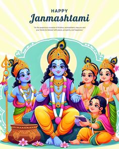 happy janmash greeting card with hindu god and family on the occasion of janmash