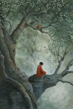 a painting of a person sitting on a tree branch