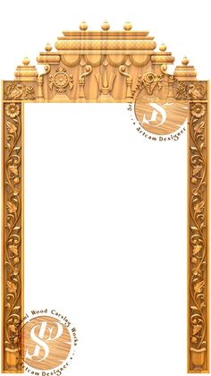 an ornate wooden frame with two stamps on the front and bottom, in gold color