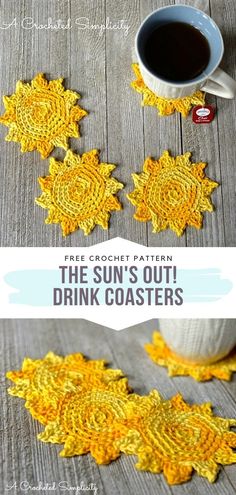 the sun's out drink coasters are made with crochet and yarn