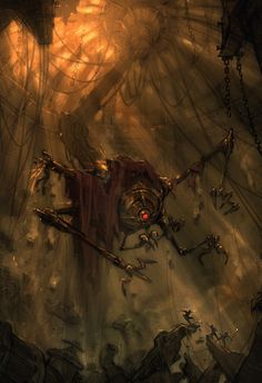 an artistic painting of a strange creature in the middle of a dark cave with chains hanging from it's sides