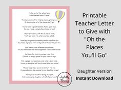 a printable teacher letter to give with oh the places you'll go