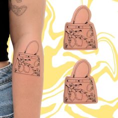 a woman's arm with tattoos on it and an image of a handbag