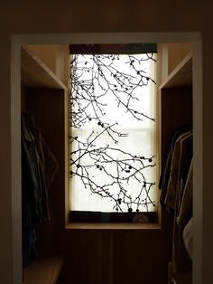 an open closet with clothes hanging on the wall and a window that has branches growing out of it