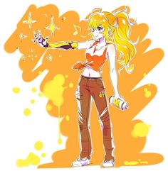 an anime character with long blonde hair pointing at something