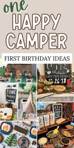 Collage of "One Happy Camper" first birthday party ideas. First Birthday Camping Theme, One Happy Camper First Birthday, Cake Photo Shoot, Happy Camper Birthday Party, First Birthday Ideas, Camping Theme Birthday Party, Camping Theme Birthday, First Birthday Party Ideas, One Happy Camper