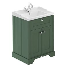 a green cabinet with a white sink and faucet on the front, against a white background