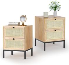 two nightstands with baskets on each side, one has a vase and the other has a flower