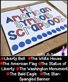 the american flag is displayed in front of a sign with words and pictures on it