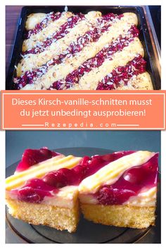 two pictures with different types of desserts in them and the same one has been cut into