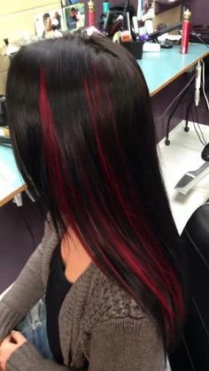 Red Peekaboo Highlights, Black Hair With Red Highlights, Black Red Hair, Peekaboo Highlights