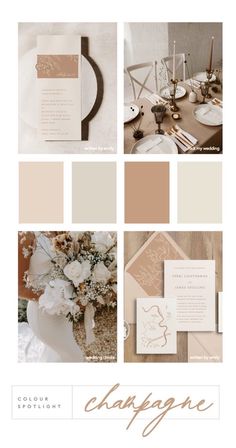 the wedding stationery is shown in shades of beige, brown and white with gold accents