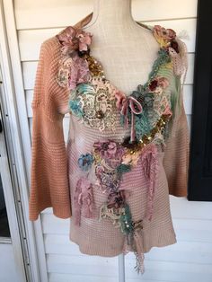 Excited to share this item from my #etsy shop: BoHo Victorian shabby hand tie dye artsy long sleeve top Tie Dye Embroidery, Boho Items, Textile Necklace, Womens Halter Tops, Hand Tie, Altered Couture, Halter Tops, Art Clothes, Handmade Flowers