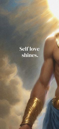 a painting of a man in armor with the words self love shines above him