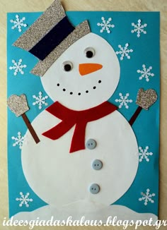 a card with a snowman made out of paper and glitters on it's head