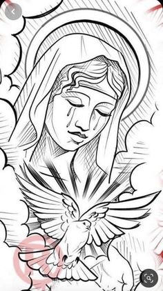 an image of the virgin mary with doves in her hands and clouds behind it