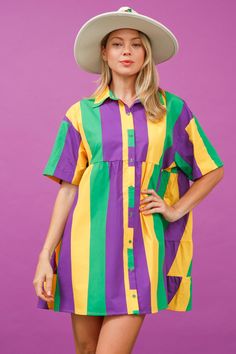 Mardi Gras Striped Dress – Mon Belle Amie Striped Short Sleeve Dresses For Spring, Green Short Sleeve Dress For Day Out, Striped Short Sleeve Sundress, Striped Sundress With Short Sleeves, Casual Striped Dresses For Dress Down Occasions, Multicolor Short Sleeve Casual Dress, Multicolor Short Sleeve Dress, Green Short Sleeve Casual Dress, Multicolor Short Sleeve Dress For Day Out