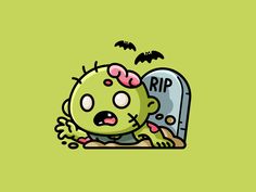 a green cartoon character holding a grave with bats coming out of it and the tombstone says rip