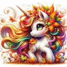 an image of a unicorn with autumn leaves on it's head and rainbow hair