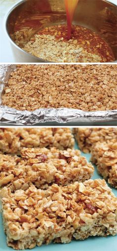 an image of granola bars being made in the oven and then put into baking tins