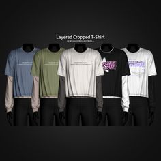 several shirts and pants are shown with the words layered cropped t - shirt on them