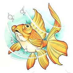 a drawing of a goldfish with bubbles in it's mouth and water around it